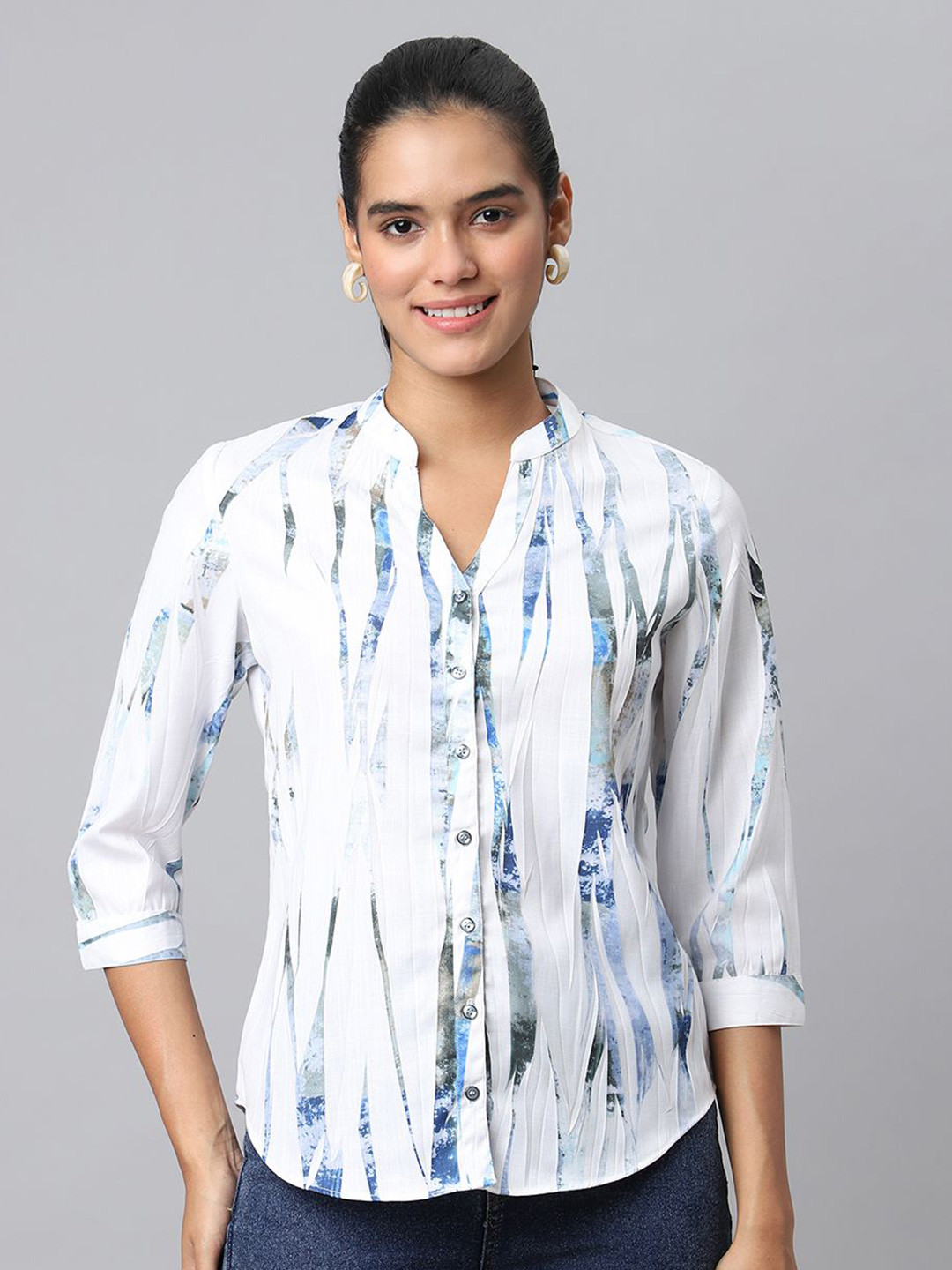 Entise Print Mandarin Collar Cotton Shirt Style Top