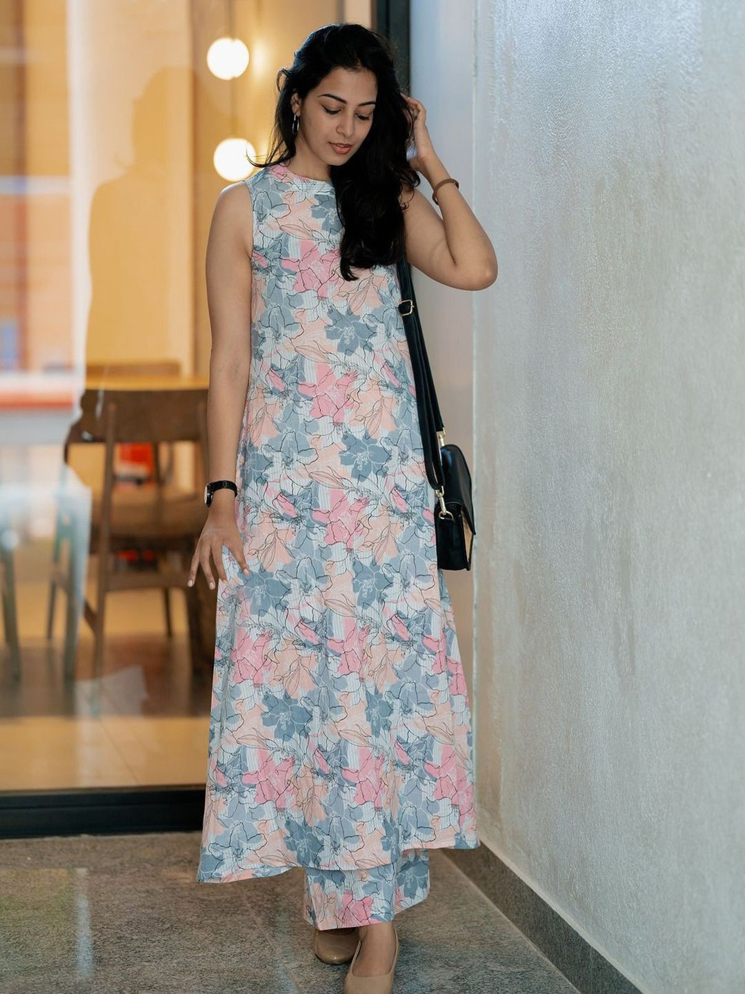 GoSriKi Floral Printed Anarkali Kurta With Palazzos
