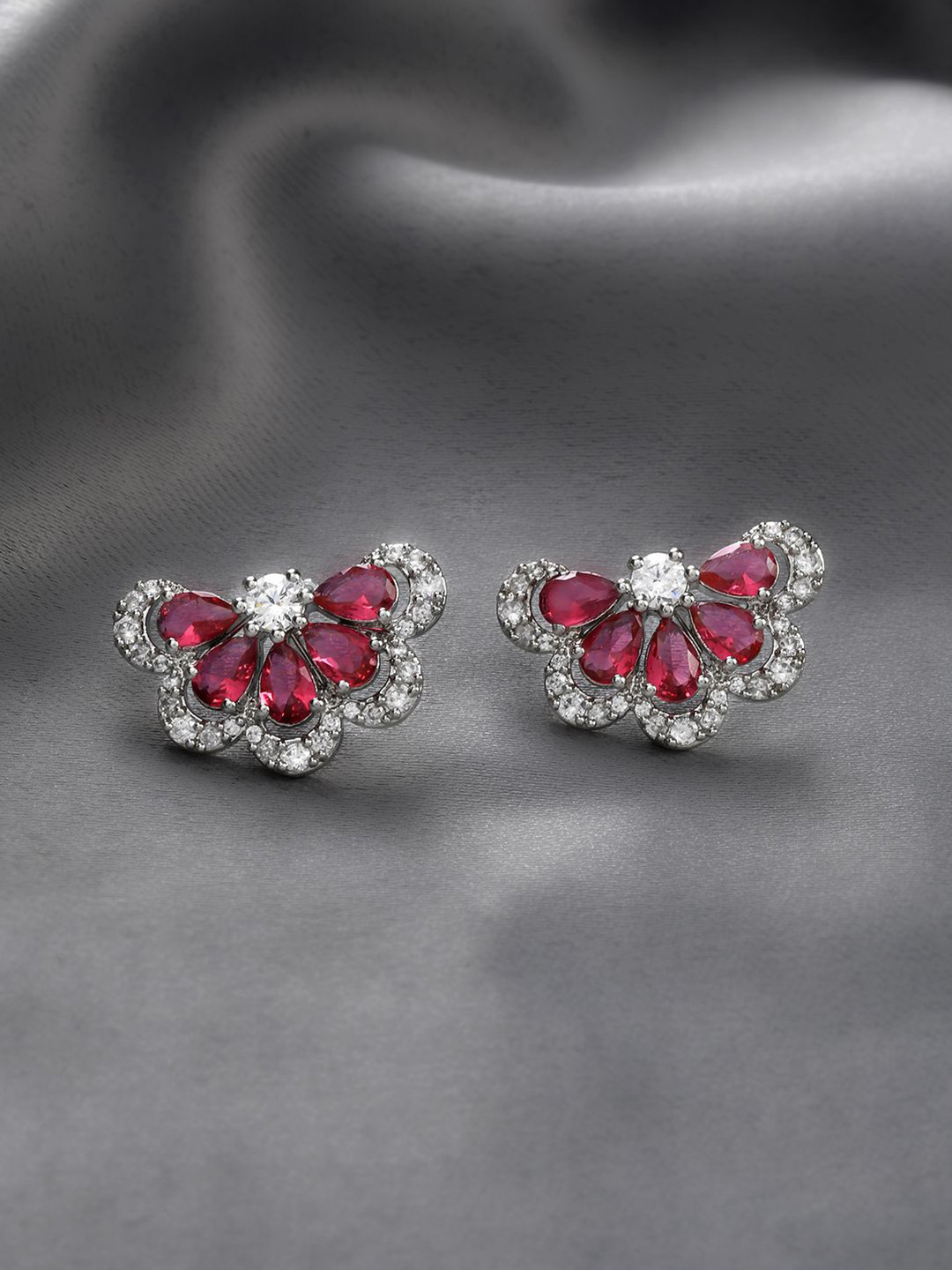 Voylla Royal Romance Rhodium-Plated Brass American Diamond Floral Studs