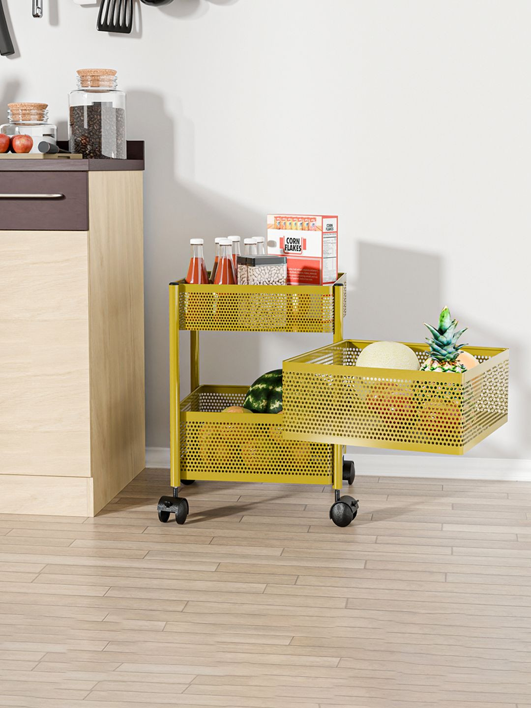 Kuber Industries 2+1 Layer Kitchen Metal Storage Rack Wheels Unisex Gold Kitchen Trolley