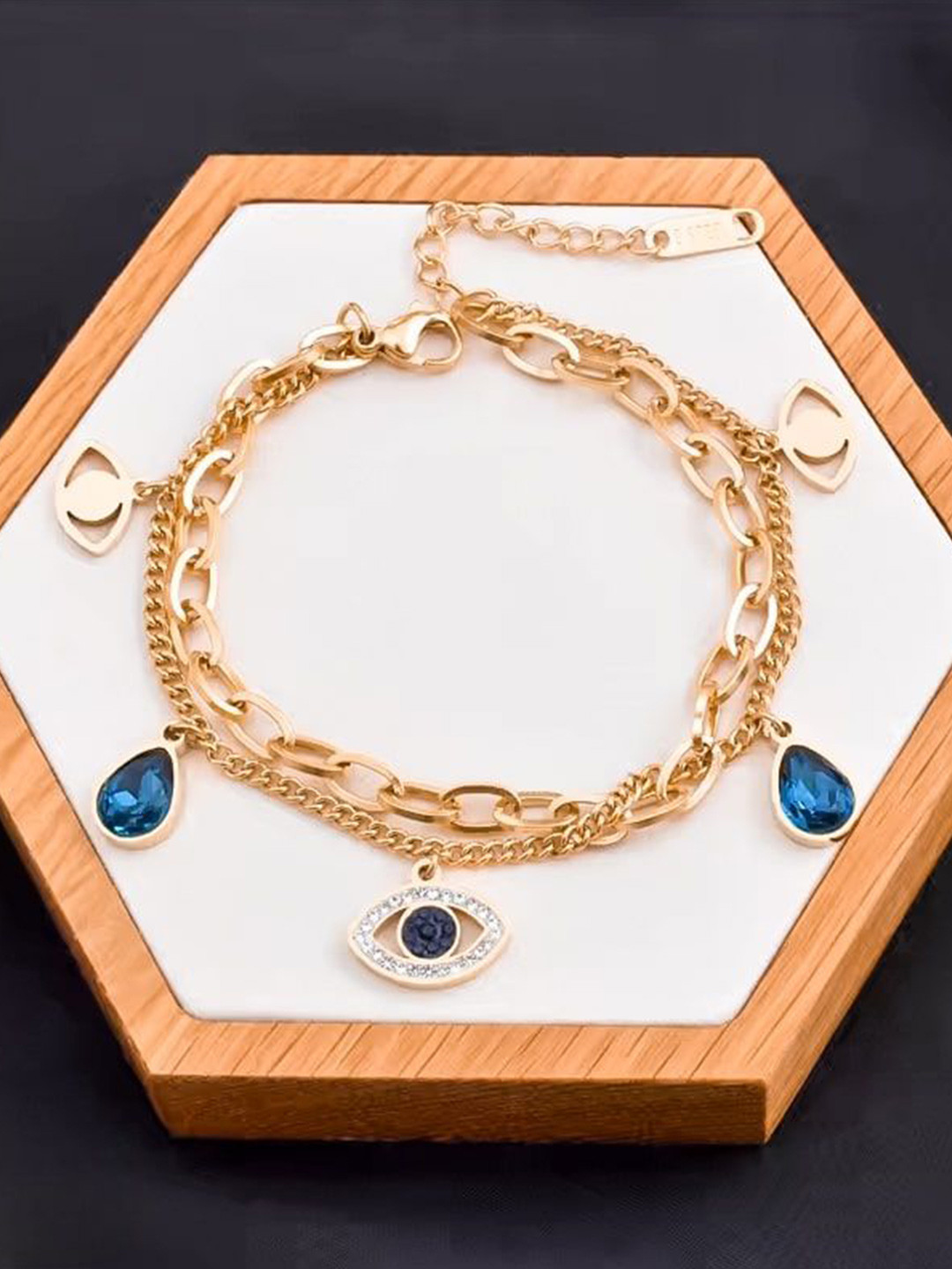 Zabby Allen Rose Gold-Plated Stainless Steel Stone Studded Evil Eye Charm Bracelet