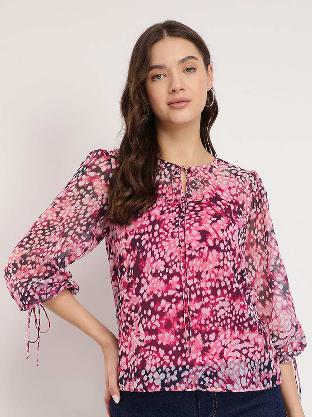 FableStreet Animal Print Tie-Up Neck Chiffon Pink Top