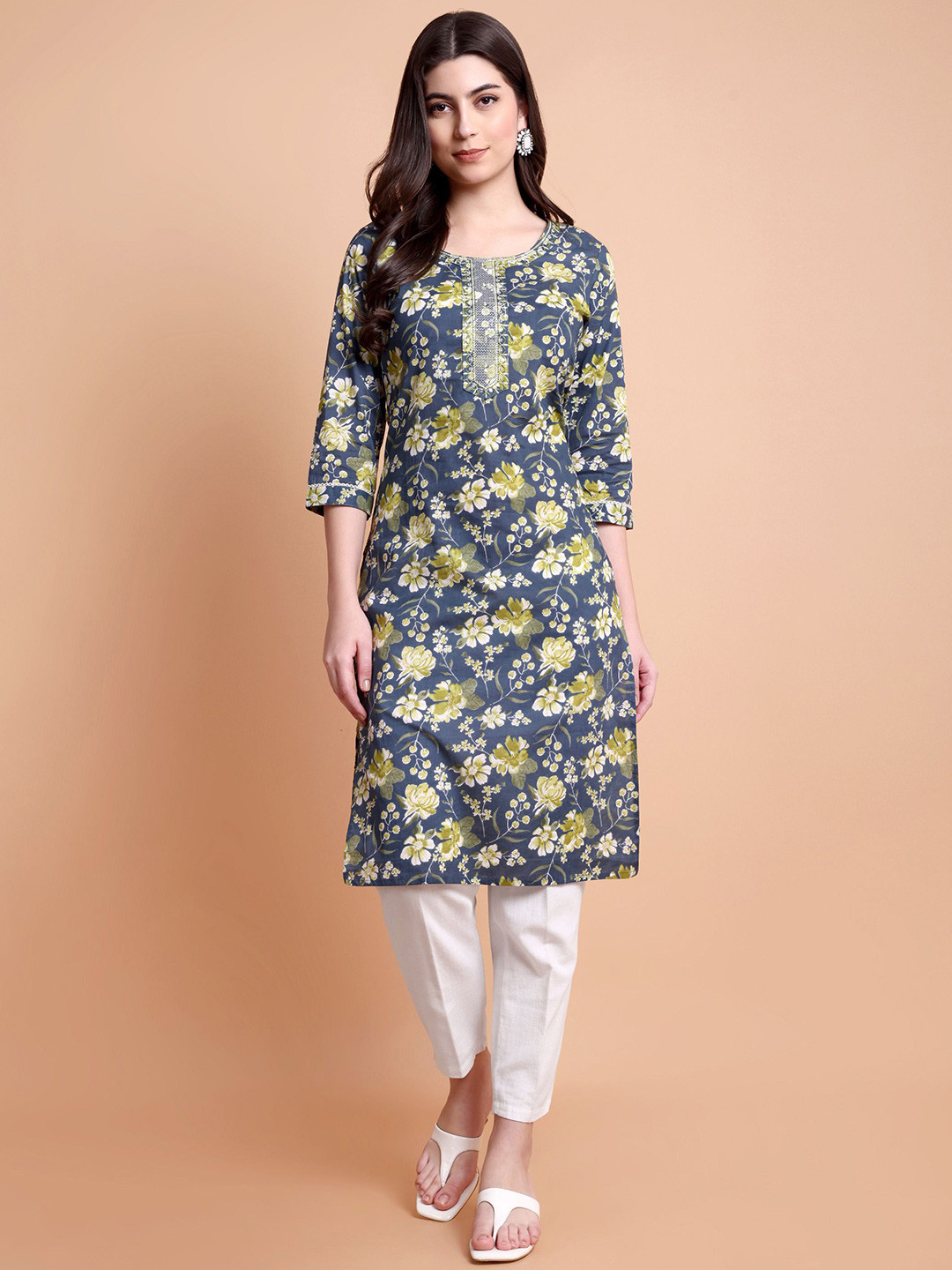 WILL BOTTOM Women Cotton Printed Embroidered Round Neck Calf Length Straight Kurta