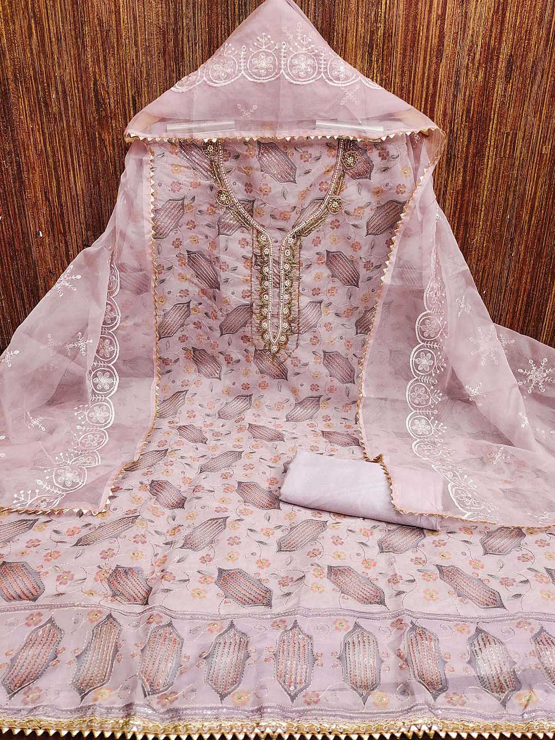 HERE&NOW Floral Position Printed Beads And Stones Organza Unstitched Dress Material