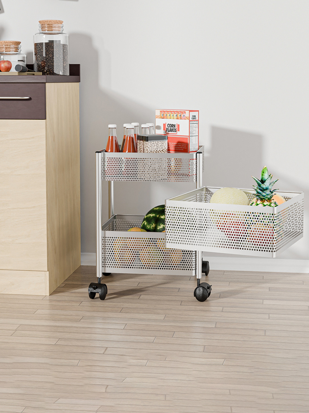Kuber Industries 2+1 Layer Kitchen Metal Storage Rack Wheels Unisex Silver Kitchen Trolley