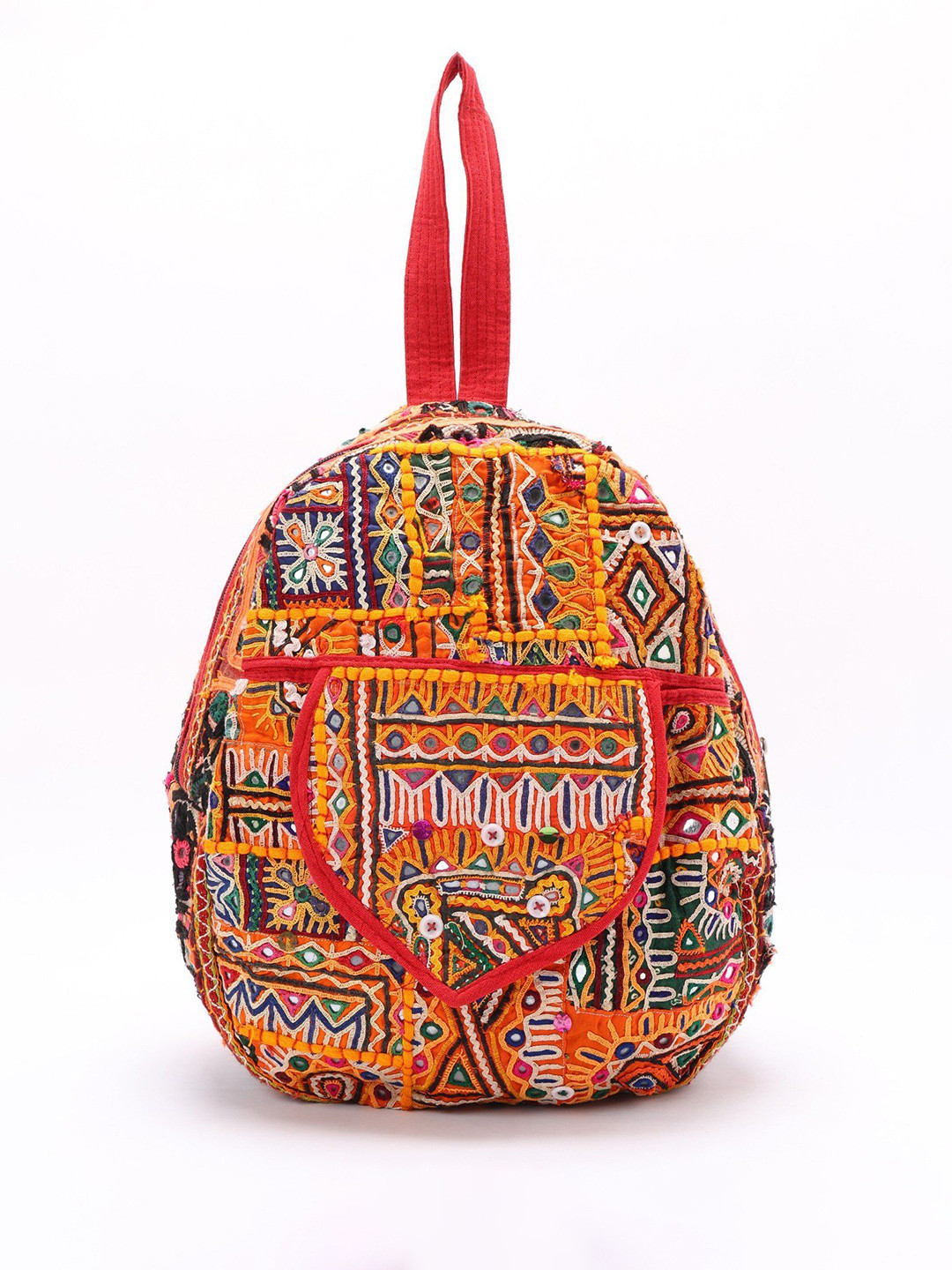 Exotic India Multicolor Antique Rabari Embroidered Kutch Backpack with Mirror Work