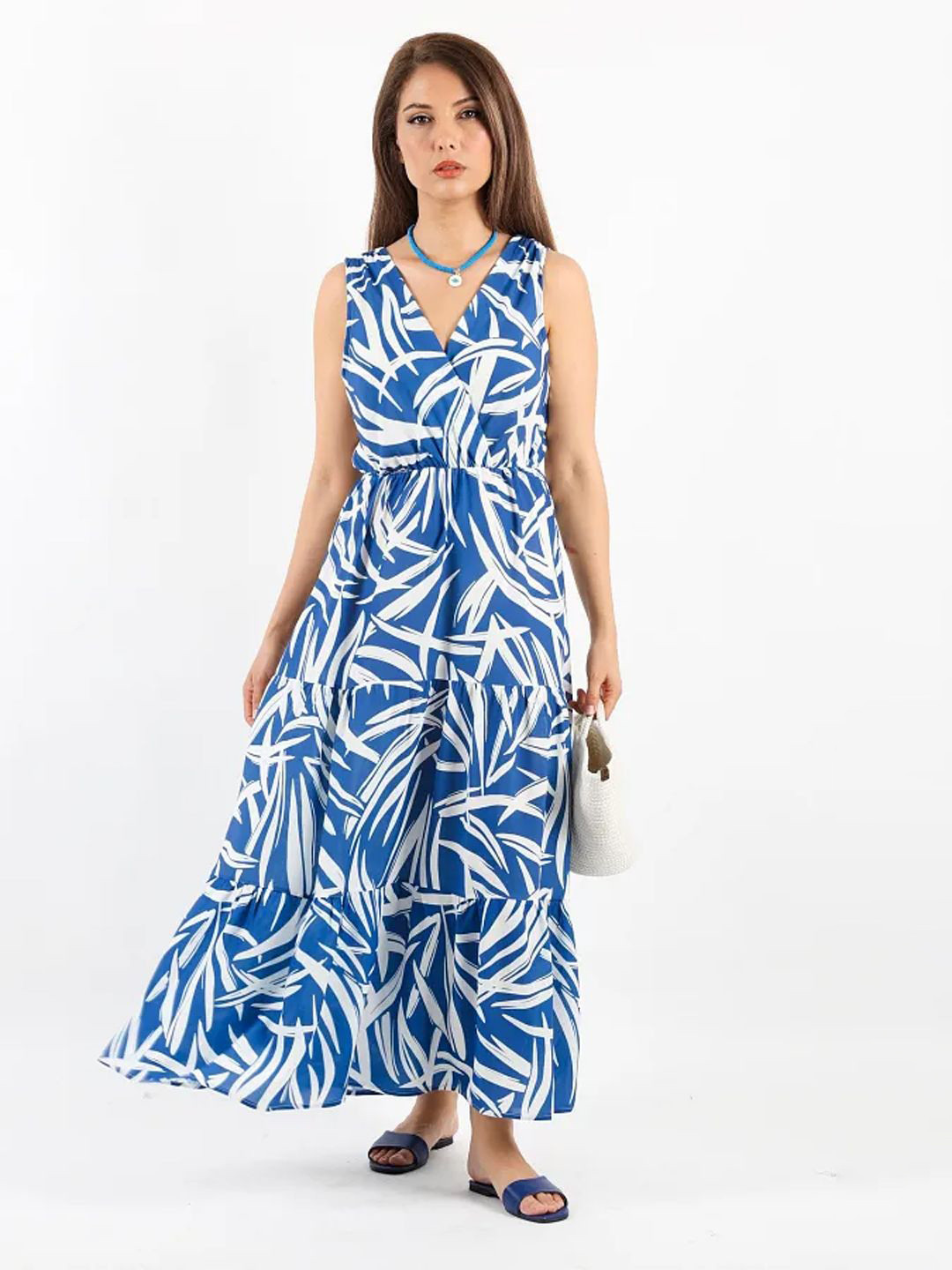 Blue Abstract Print Sleeveless Maxi Dress