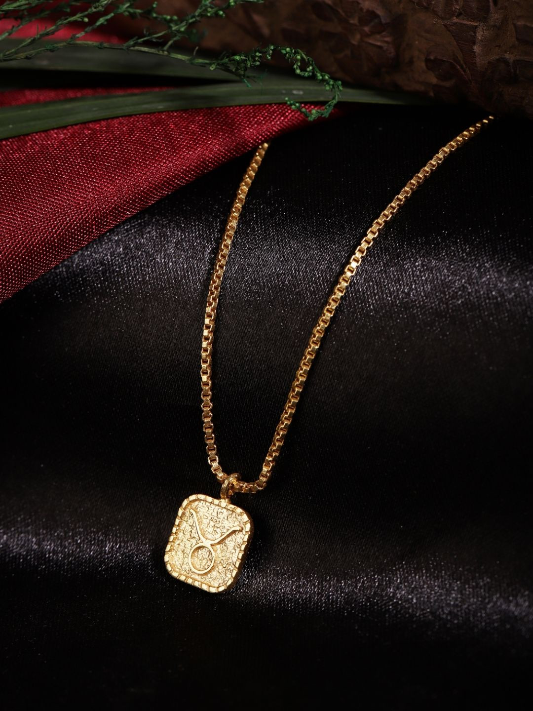 Berserk Gold Plated Taurus Box Chain Square Pendant with Chain