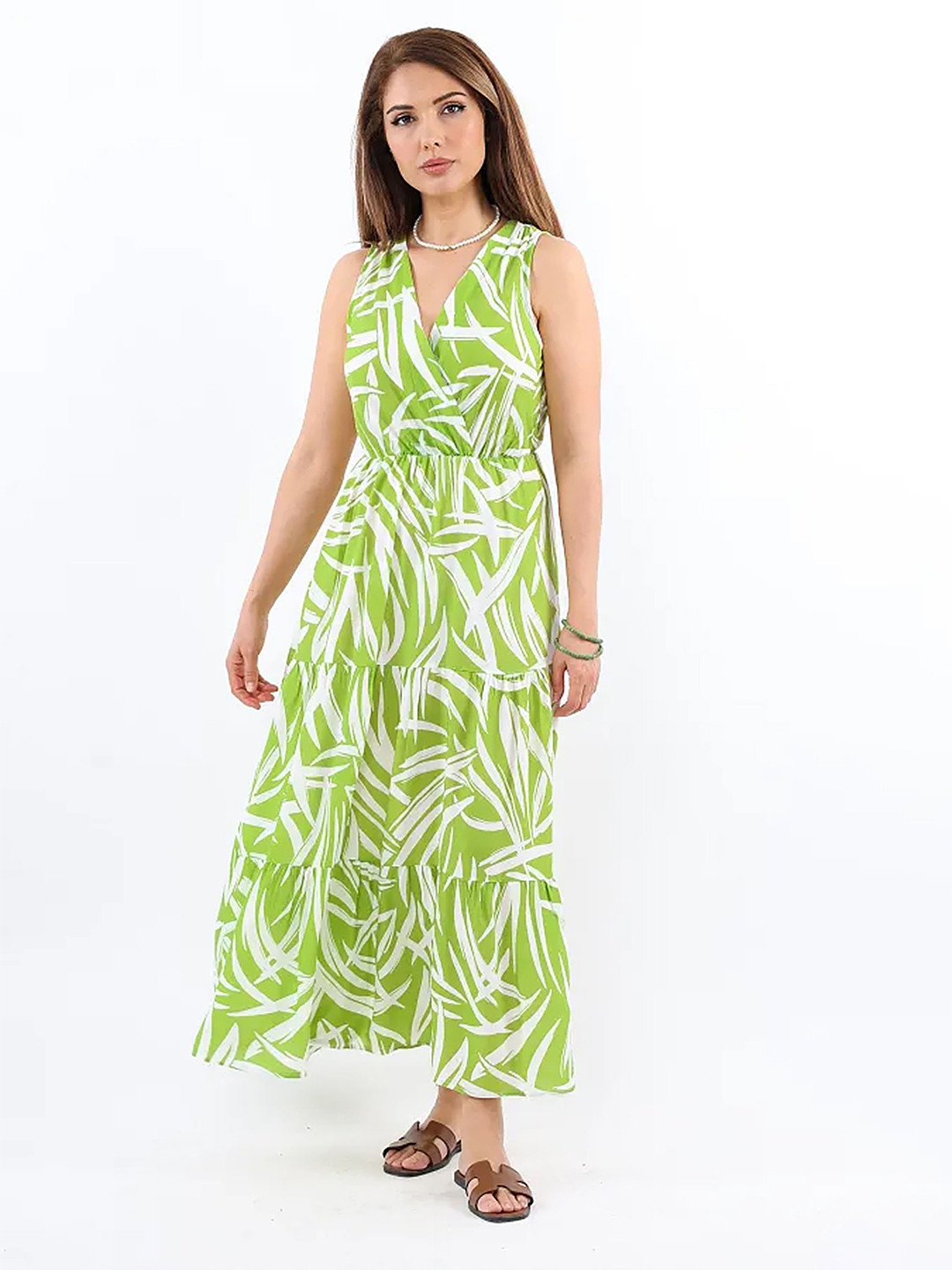 Green Tropical Abstract Sleeveless Maxi Dress