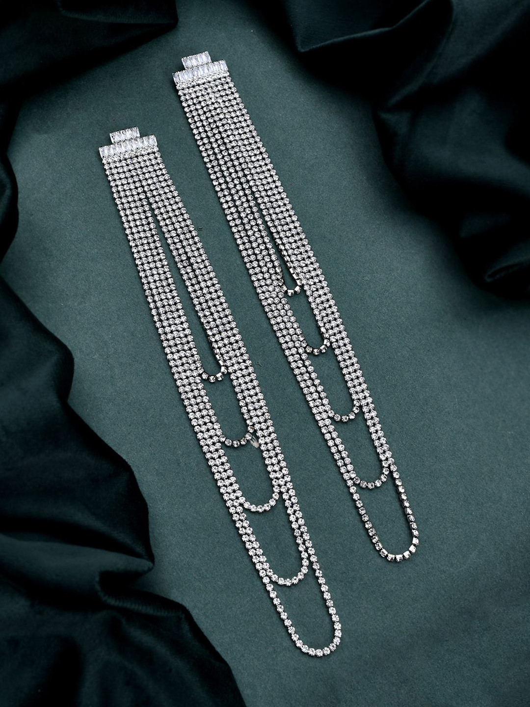 Voylla Timeless Sparkle Rhodium-Plated Rhinestone Brass Contemporary Drop Earrings