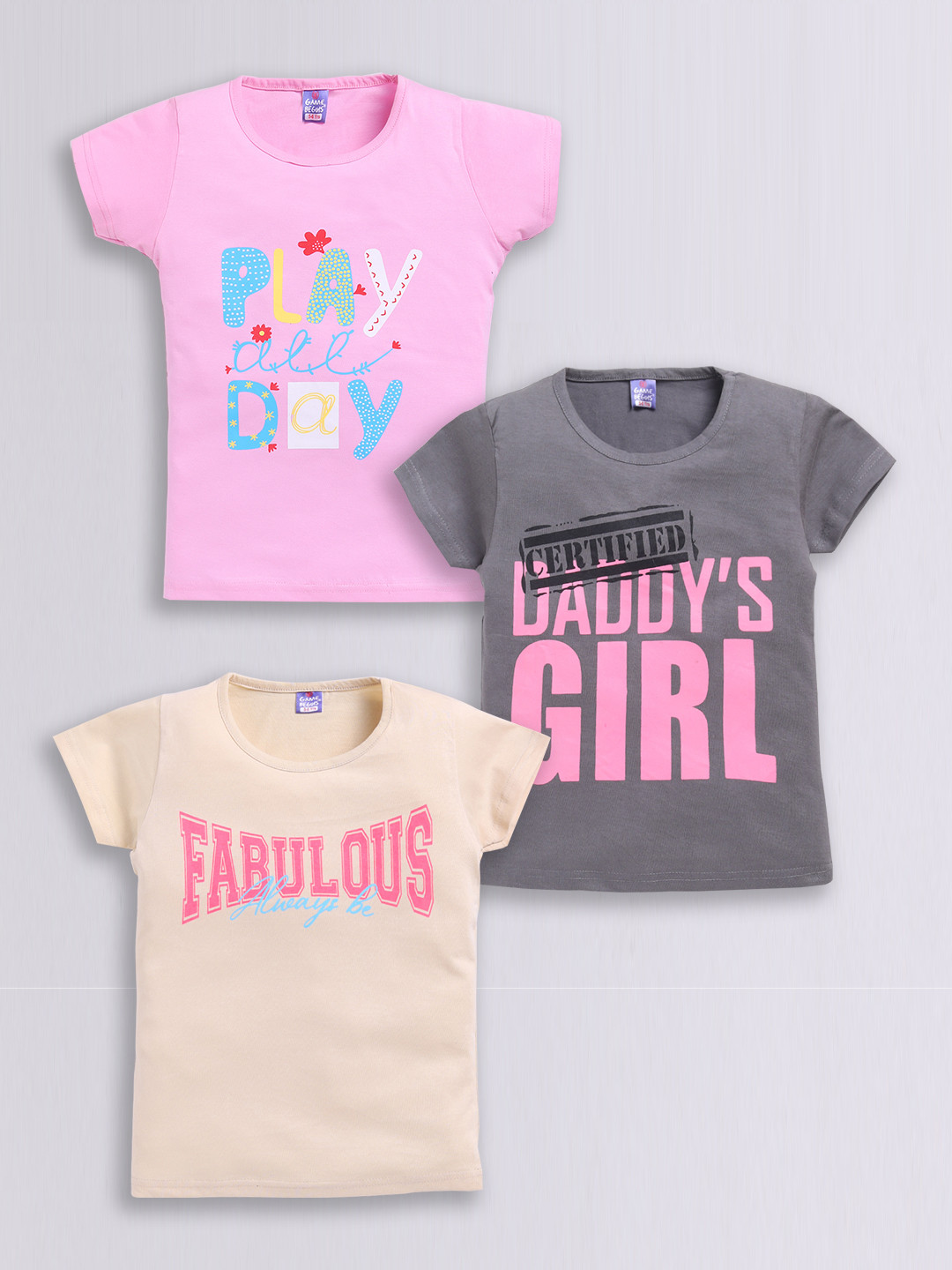 Here&Now x Game Begins Girls Set of 3 Pure Cotton Printed T-shirts