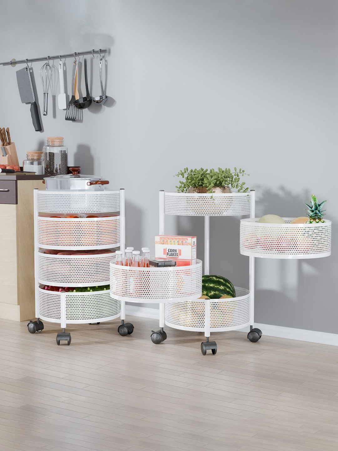 Kuber Industries Pack of 2 Kitchen 3+1 Layer Metal Storage Rack Kitchen Trolley White