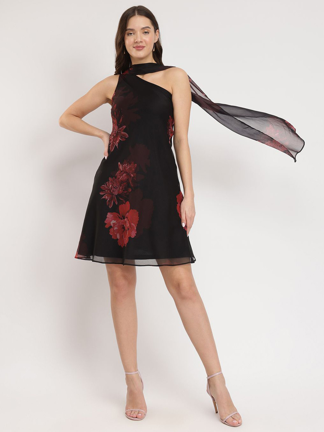 FableStreet Women Scarf Detail A-Line Floral Dress - Black