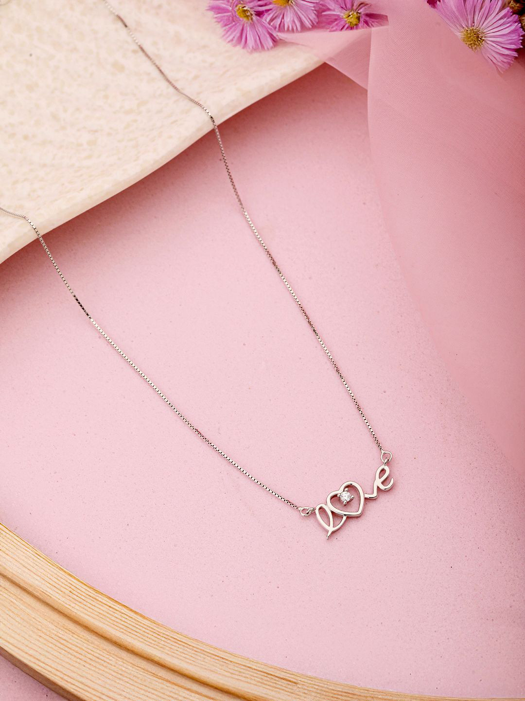 SARAF SILVERETZ 925 Sterling Silver-Plated CZ Studded Dainty Love Minimal Locket Chain