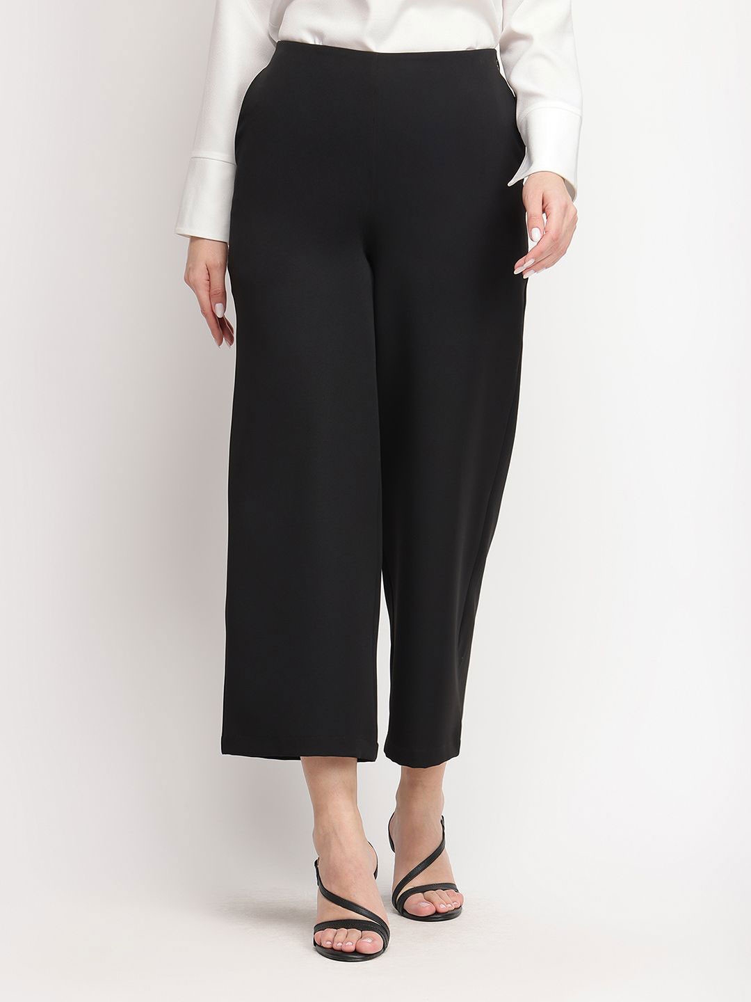 FableStreet Women Comfort Wide Leg Cropped Trousers - Black Culottes Trousers