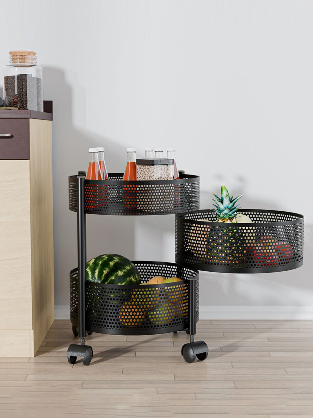 Kuber Industries 2+1 Layer Kitchen Metal Storage Rack Wheels Unisex Black Kitchen Trolley
