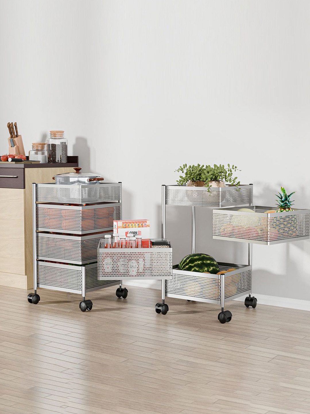 Kuber Industries Pack of 2 Kitchen 3+1 Layer Metal Storage Rack Kitchen Trolley Silver