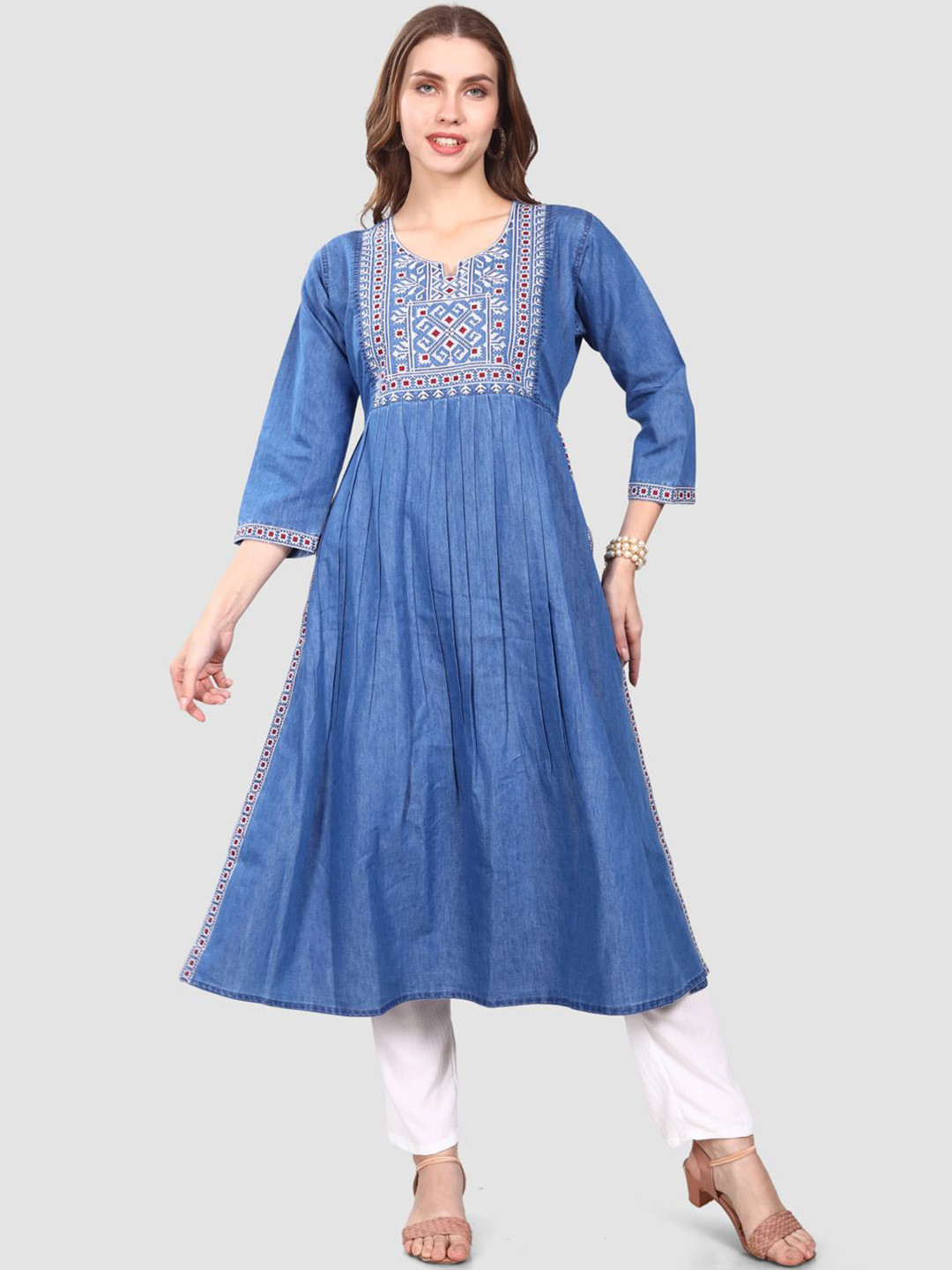 SK Creation Floral Embroidered Denim Flared Kurta