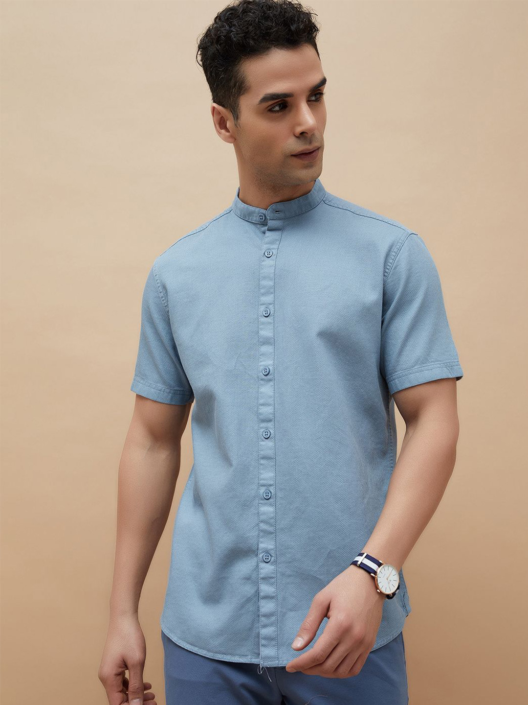 CODE by Lifestyle Men Band Collar Solid Cotton Casual Shirt