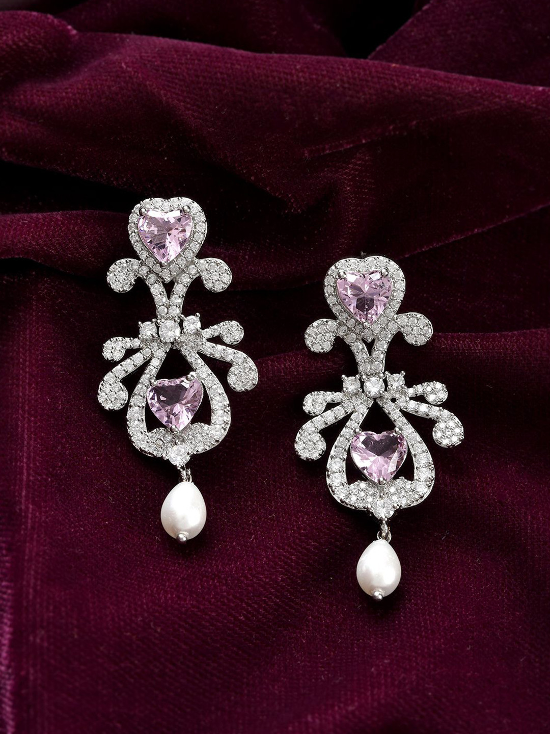 Voylla Royal Romance Rhodium-Plated Brass American Diamond Heart Shaped Drop Earrings