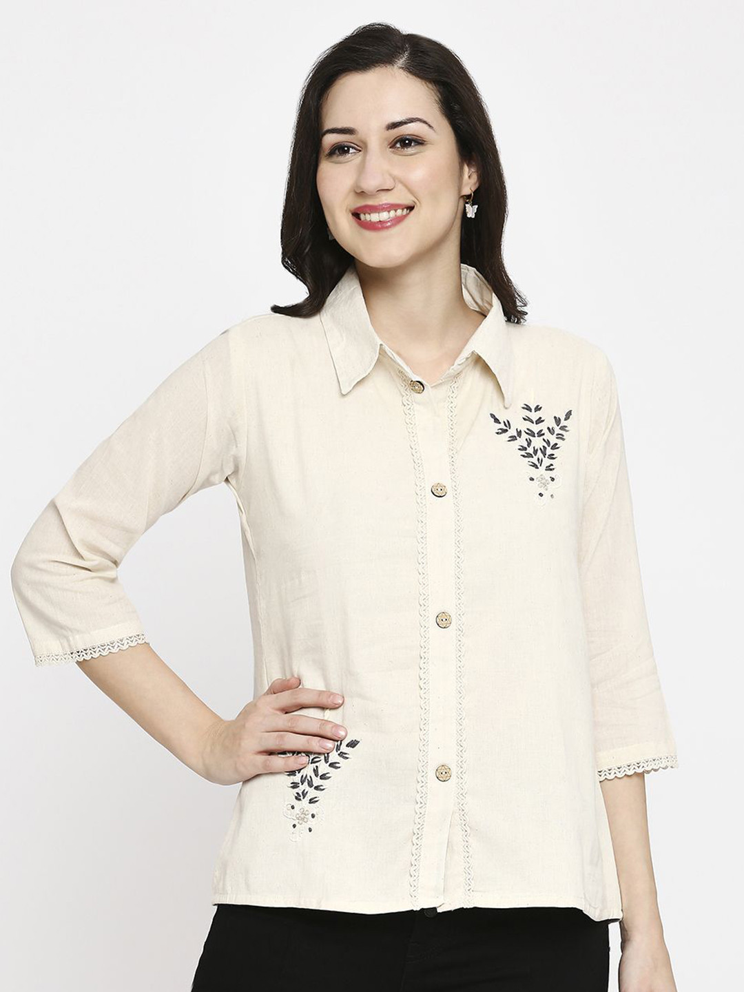 Hitarth Fashion Women Floral Embroidered Lace Casual Khadi Shirt