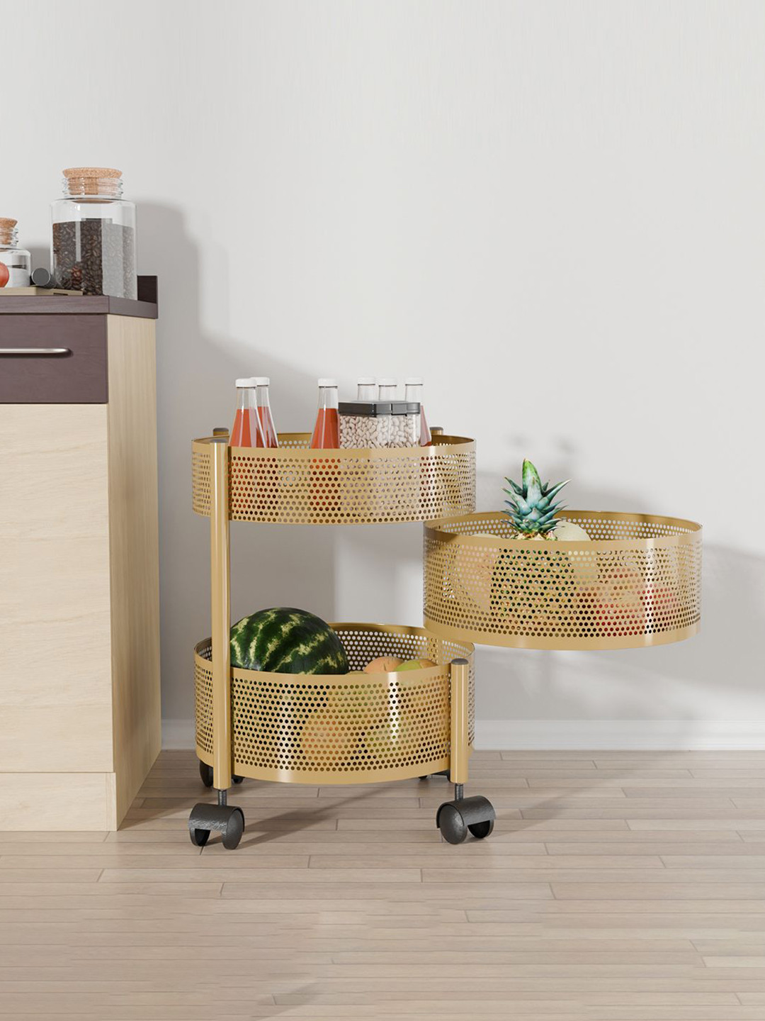 Kuber Industries 2+1 Layer Kitchen Metal Storage Rack Wheels Unisex Gold Kitchen Trolley