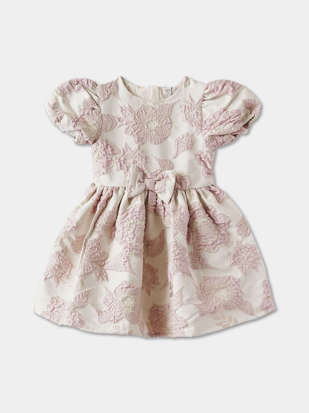 R&B Girls Floral Self Design Bow Puff Sleeve Fit and Flare Dress