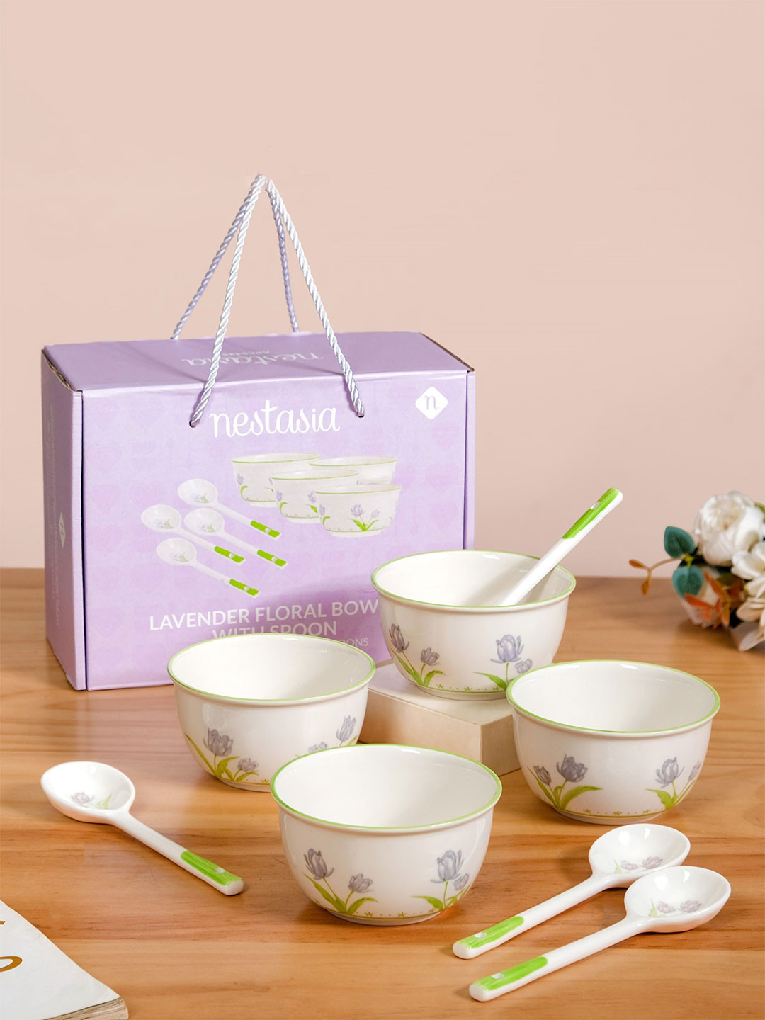 Nestasia Unisex 4 Pcs Ceramic Soup Bowls With Spoons White 400 ml