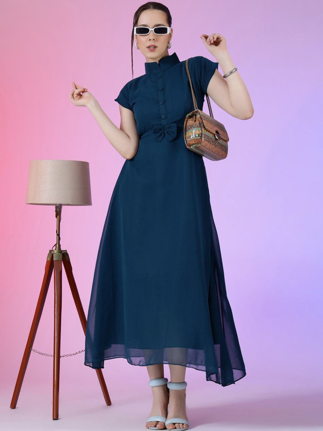 Jash Creation Women Mandarin Collar A-Line Midi Dress