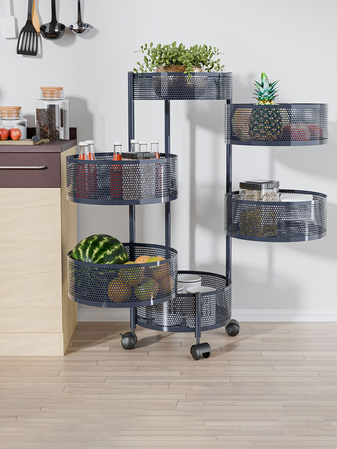 Kuber Industries 5+1 Layer Kitchen Metal Storage Rack with Wheels Grey Kitchen Trolley