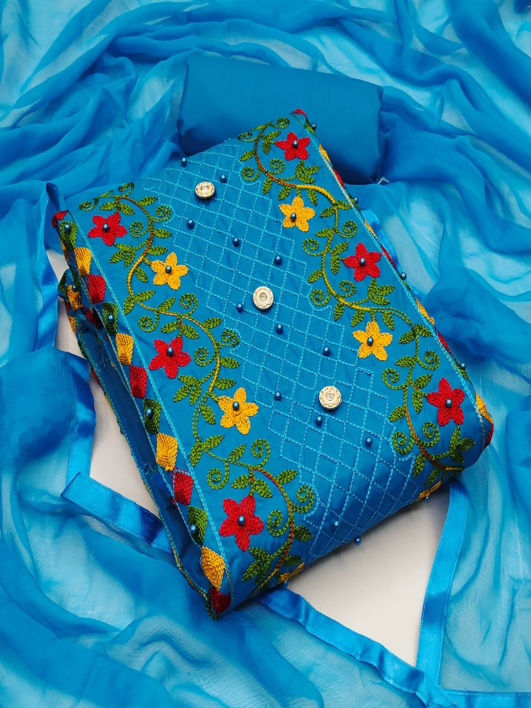 TRYSTON Floral Embroidered Beads And Stones Unstitched Dress Material