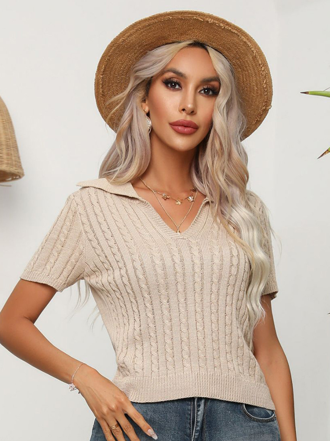 Oh Rare Women Shirt Collar Self Design Open Knit Pullover Sweaters