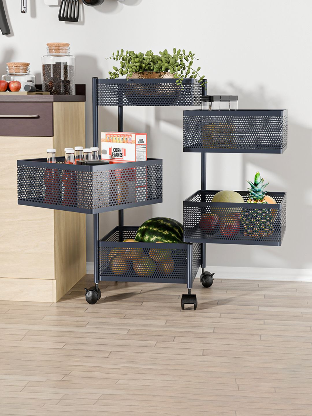 Kuber Industries 4+1 Layer Kitchen Storage Rack with Wheels Unisex Grey Kitchen Trolley