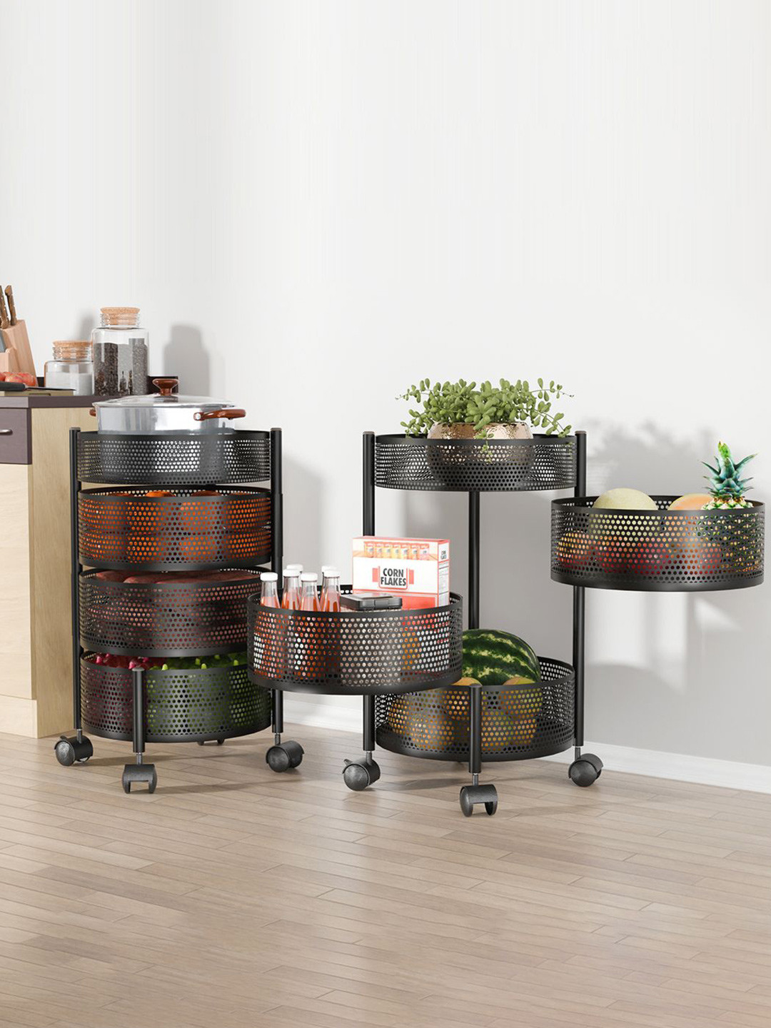 Kuber Industries Pack of 2 Kitchen 3+1 Layer Metal Storage Rack Kitchen Trolley Black