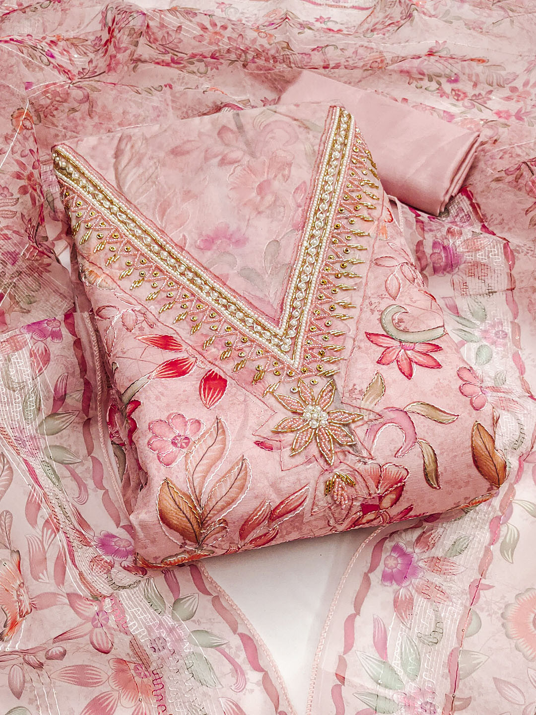 HERE&NOW Floral Printed Hand Work Beads and Stones Organza Unstitched Dress Material