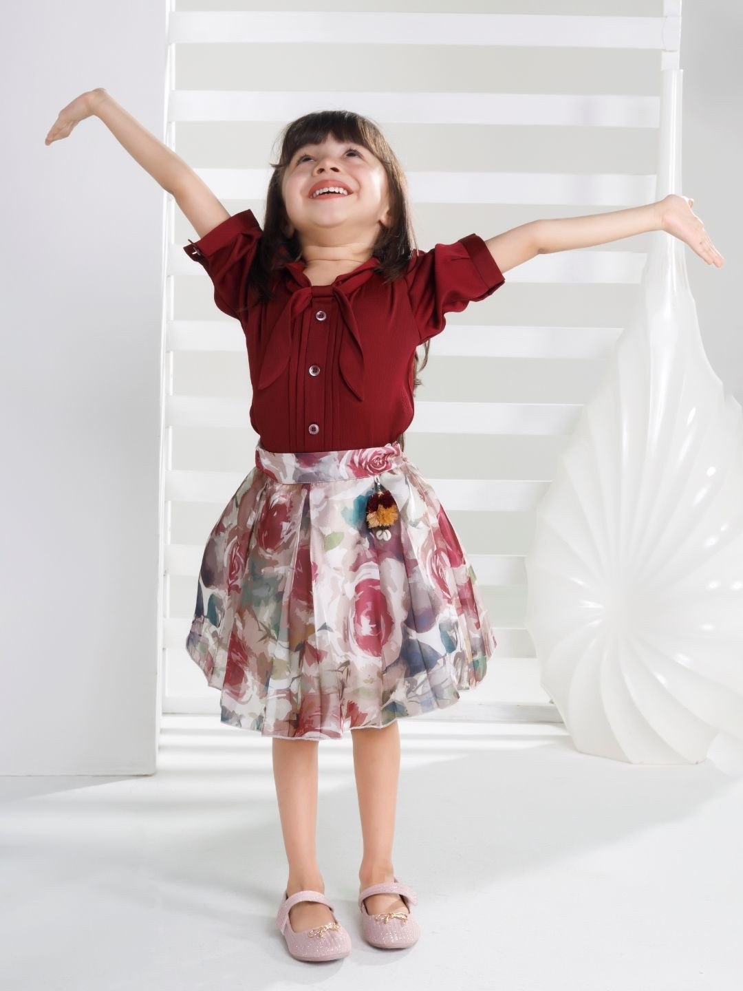 Peppermint Glam Rise Girls Tie-Up Neck Shirt With Skirt