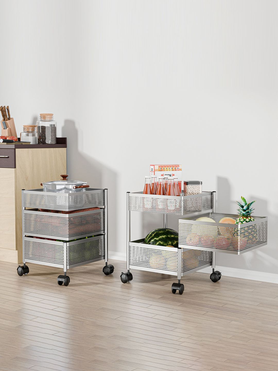 Kuber Industries Silver-Toned 2 Pcs Kitchen 2+1 Layer Metal Storage Kitchen Trolley Silver