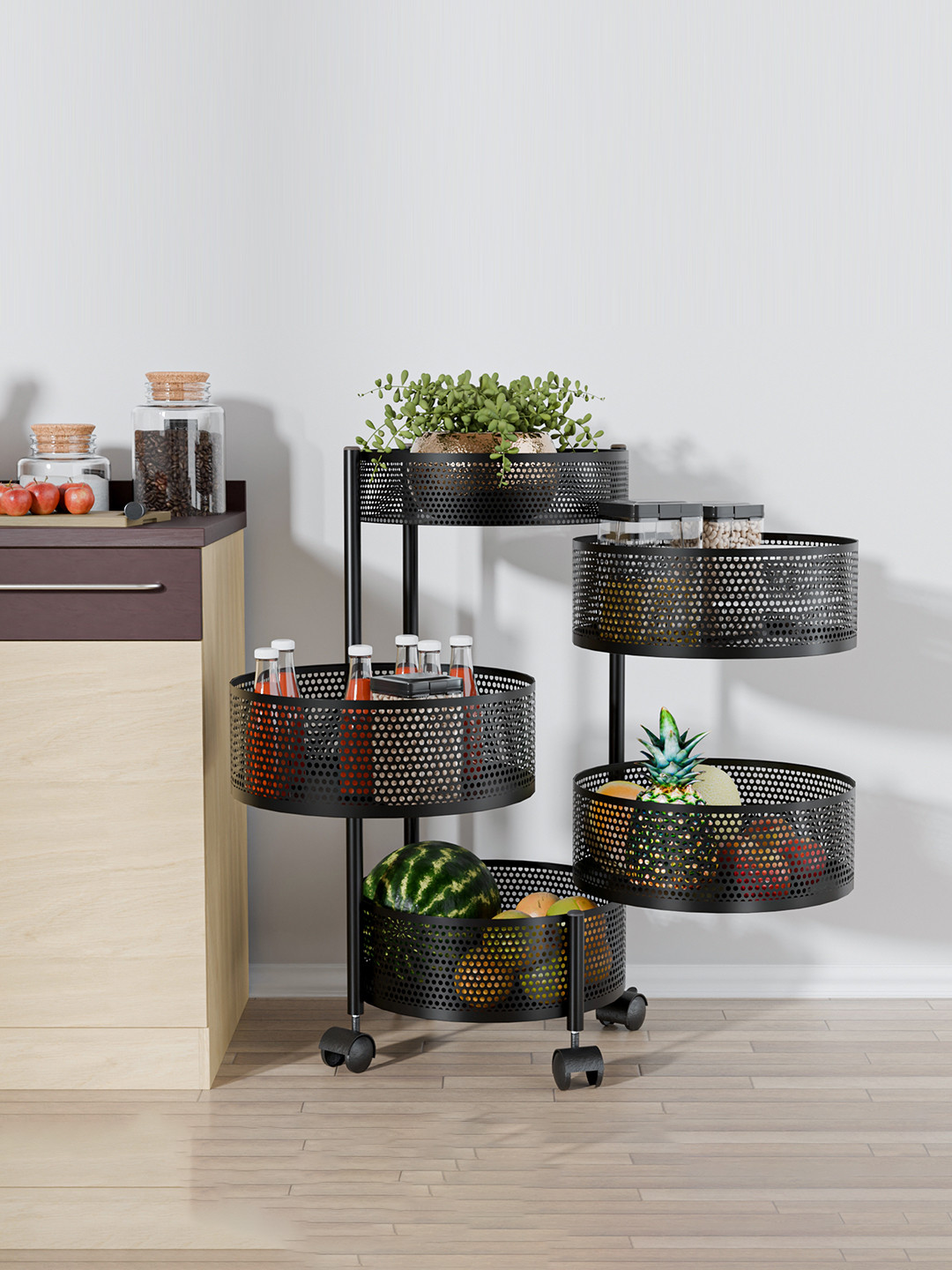 Kuber Industries 4+1 Layer Kitchen Storage Rack with Wheels Unisex Black Kitchen Trolley