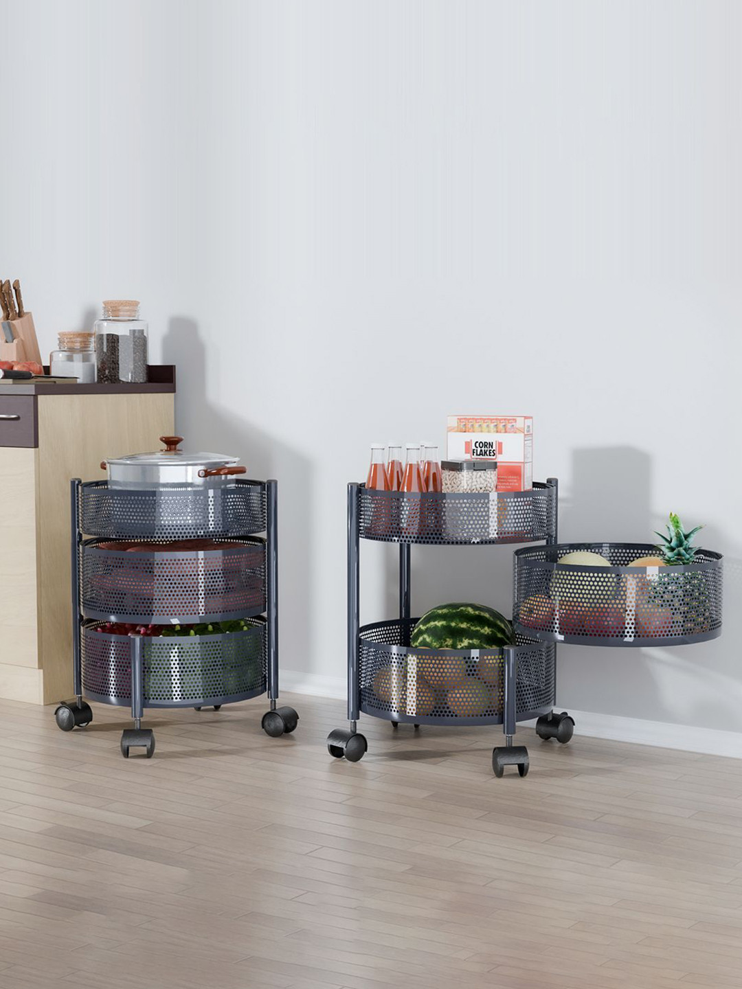 Kuber Industries Grey Pack of 2 Kitchen 2+1 Layer Metal Storage Kitchen Trolley