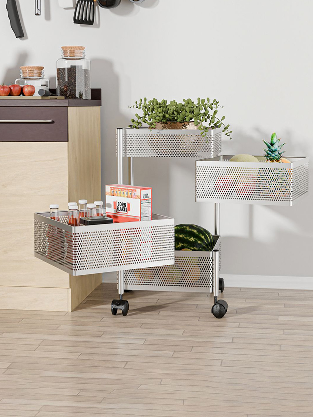 Kuber Industries Silver-Toned 3+1 Layer Kitchen Metal Storage Rack With Wheels Trolley