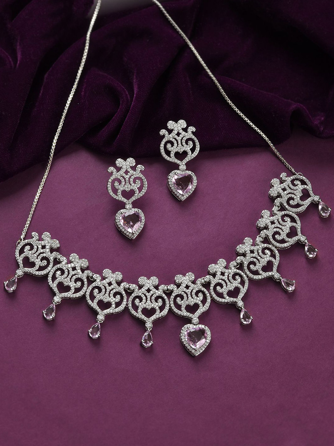 Voylla Rhodium-Plated American Diamond Studded Royal Romance Amandine Jewellery Set