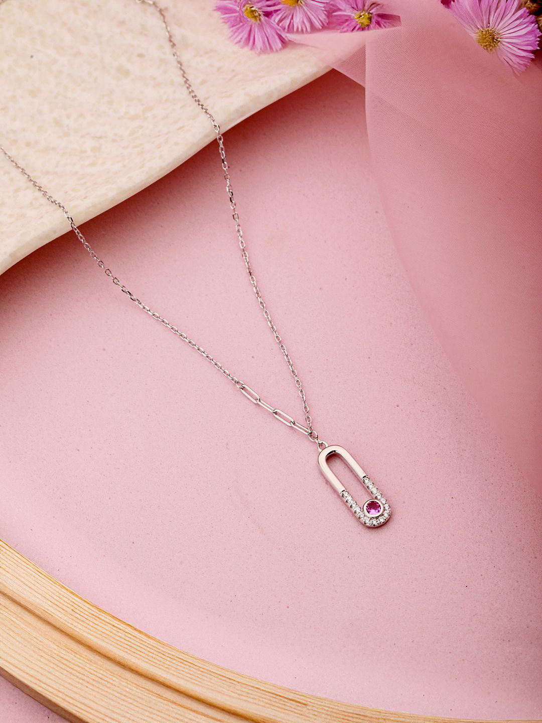 SARAF SILVERETZ 925 Sterling Silver-Plated CZ Studded Dainty Rectangular Link Locket Chain