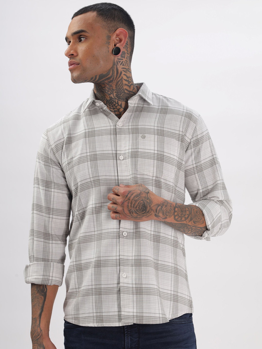 BS BLUE SQUAD Men India Slim Fit Spread Collar Tartan Checked Cotton Casual Shirt