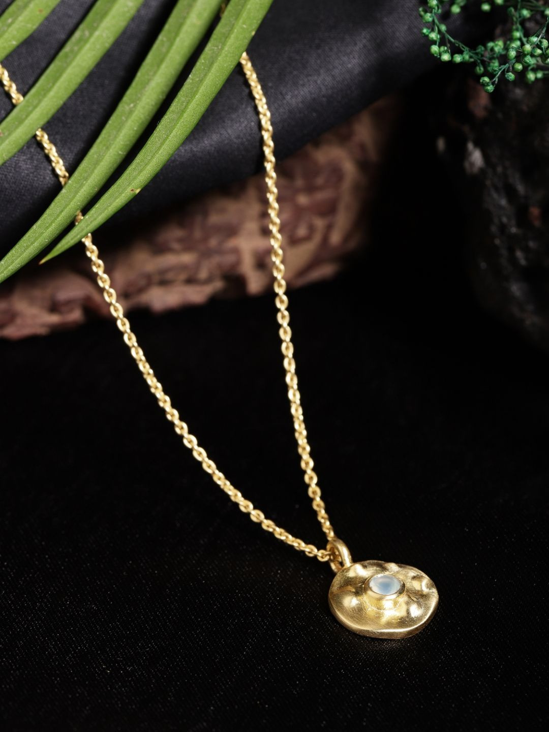 Berserk Gold-Plated Stone Studded Aqua Chalcedony Coin Round Pendant With Chain