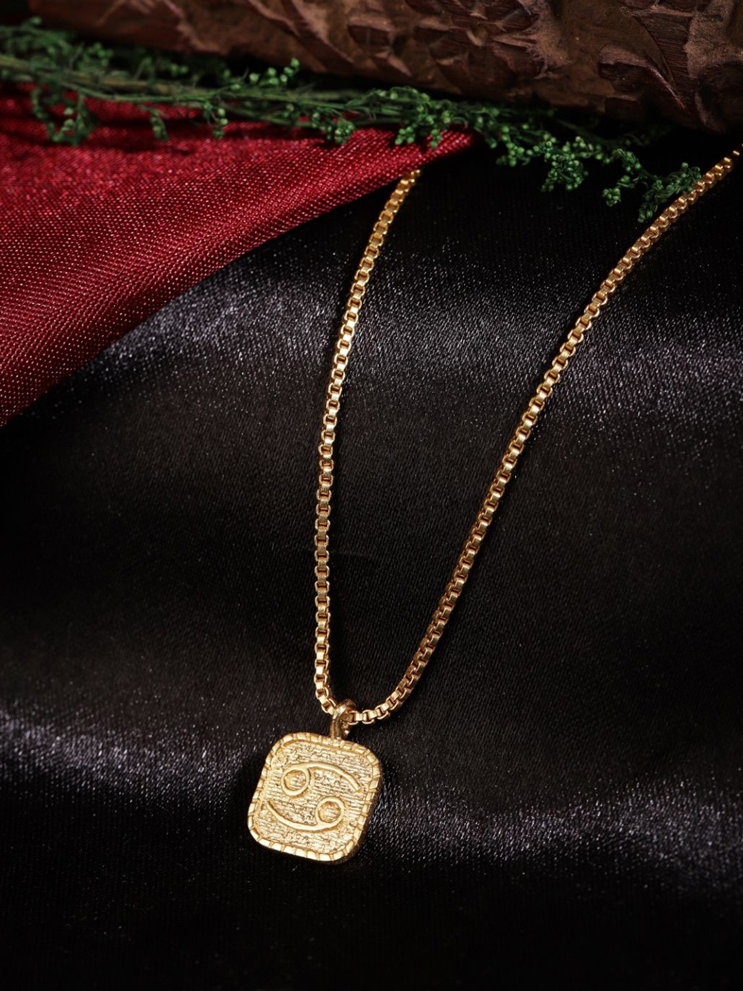 Berserk Gold-Plated Brass Cancer Square Pendant With Chain