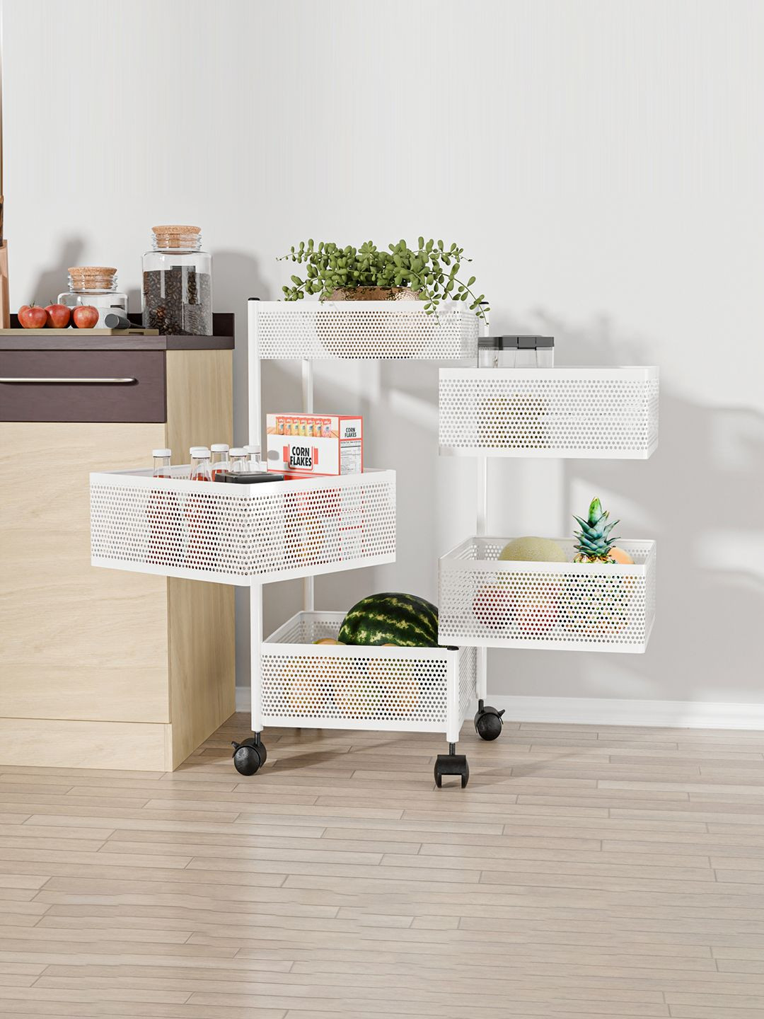 Kuber Industries 4+1 Layer Kitchen Storage Rack with Wheels Unisex White Kitchen Trolley