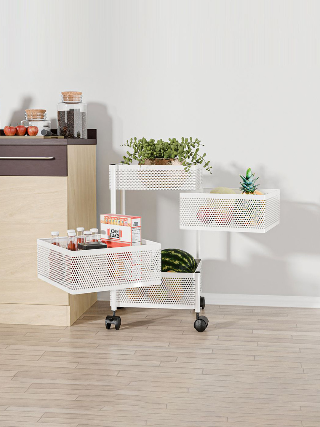 Kuber Industries 3+1 Layer Kitchen Metal Storage Rack with Wheels White Kitchen Trolley