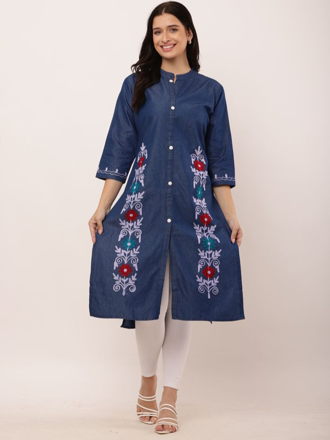 Sellingsea High Slit Mandarin Collar Floral Embroidered Denim Straight Kurta