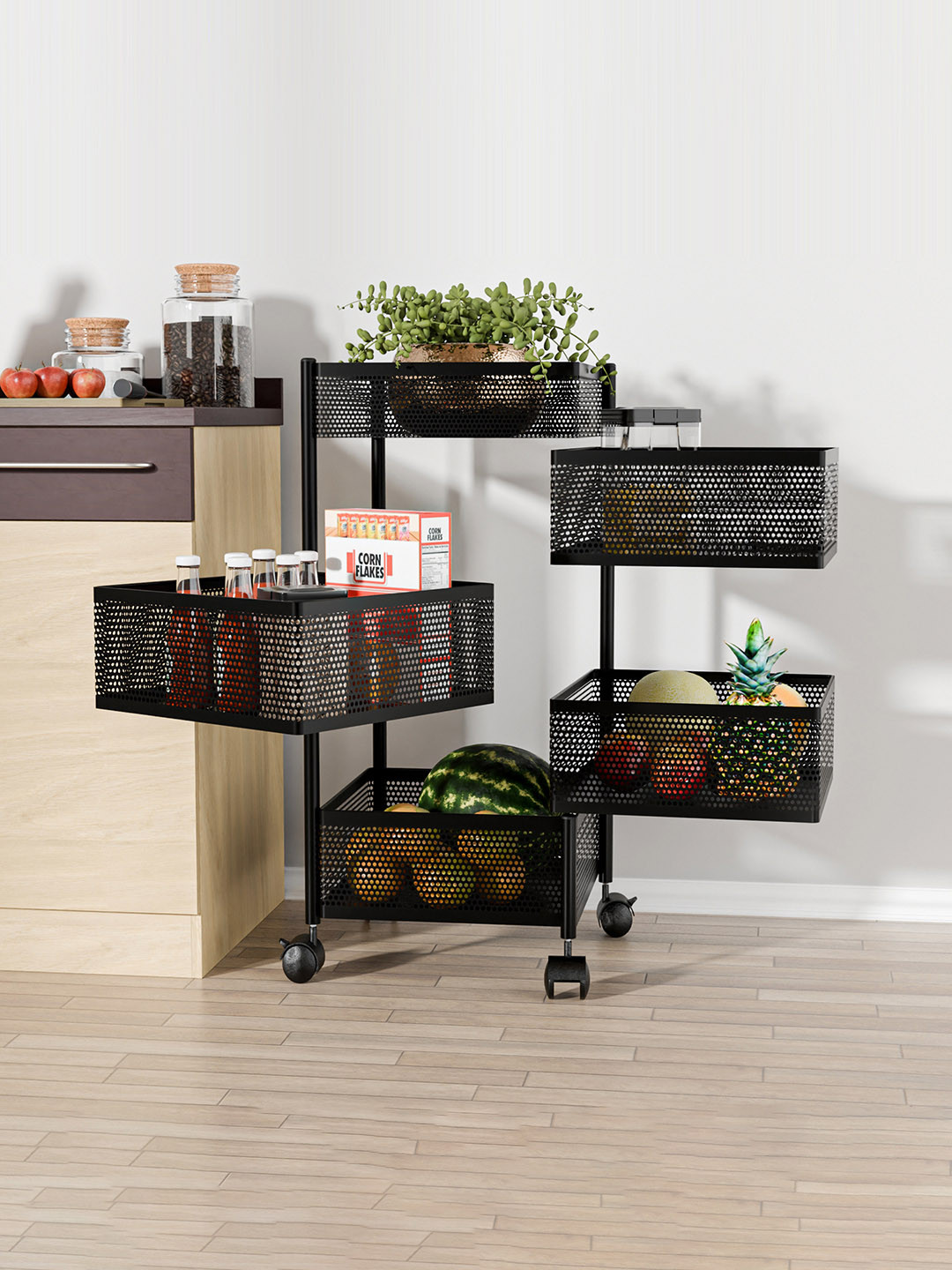 Kuber Industries 4+1 Layer Kitchen Storage Rack with Wheels Unisex Black Kitchen Trolley