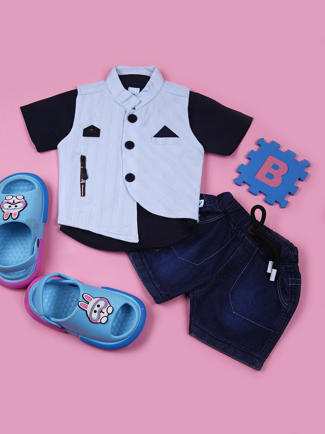 V-Mart Boys Colourblocked Short Sleeves Pure Cotton Shirt With Shorts